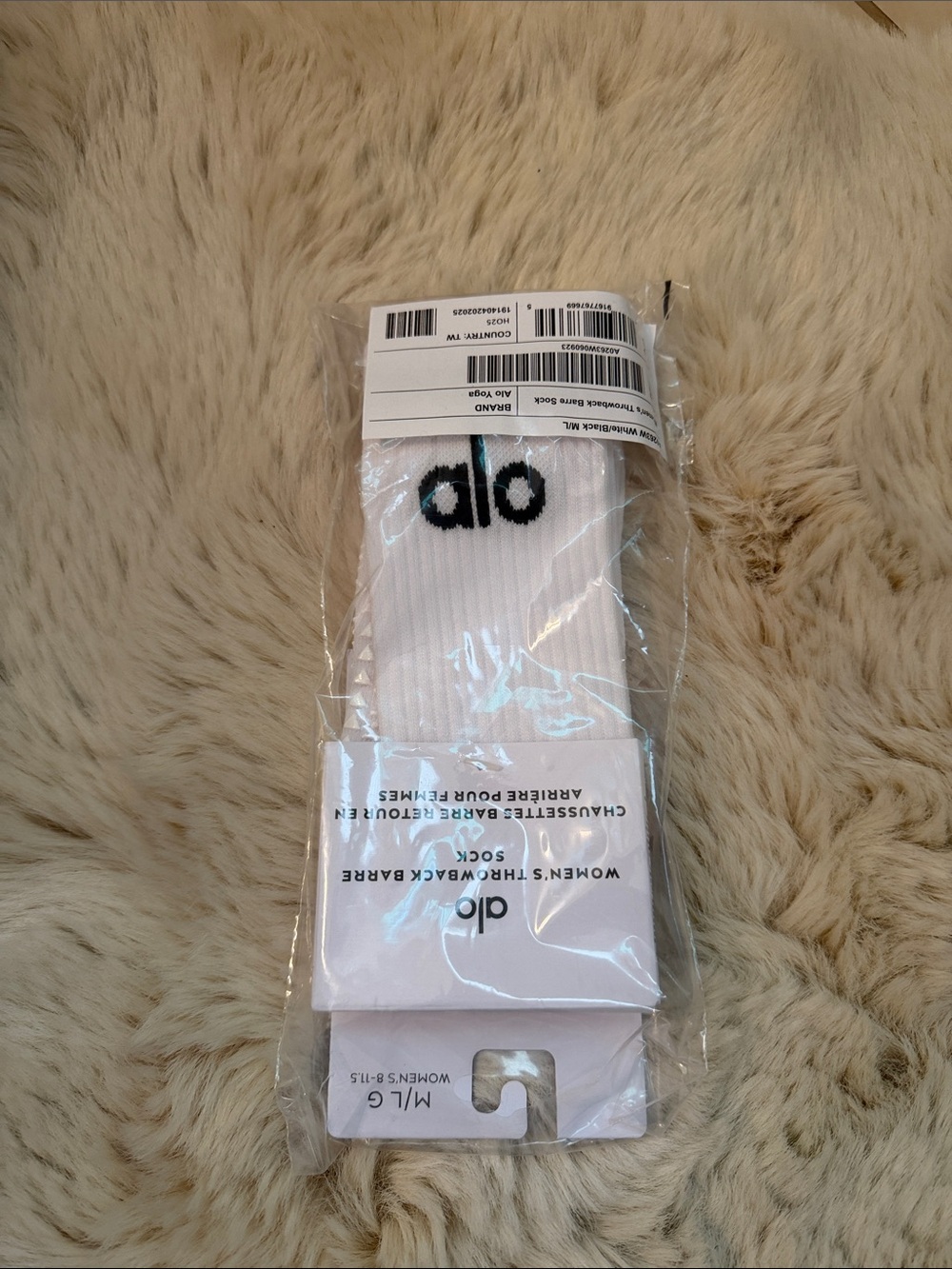 ALO Yoga White Crew Socks with Black Logo barre socks